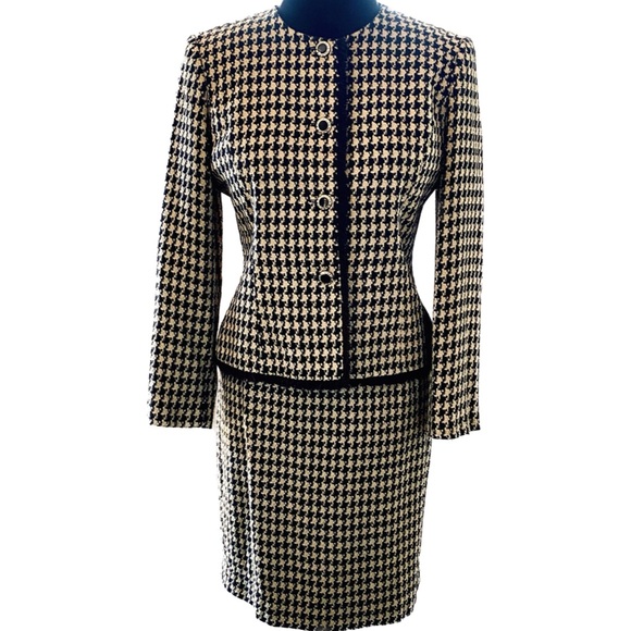 1990s 2 piece Wool Houndstooth Tweed Fully Lined Dress Suit Jacket Skirt perfect - Picture 1 of 10